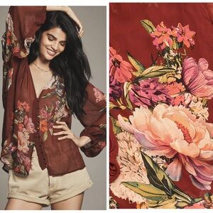 Anthropologie The Estela Sheer Floral Blouse Women’s Large